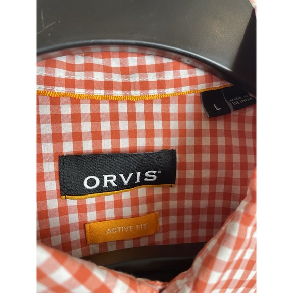 Orvis Active Fit Shirt Mens Large Nylon Blend Orange Gingham Check Fishing - Picture 3 of 7